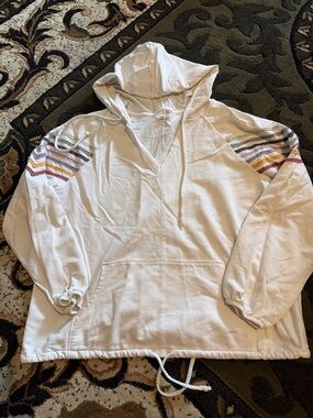 Maurices White Hoodie Sweatshirt with Multicolor Shoulder Stripes